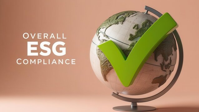 ESG 3D concept. Globe symbolizing ESG compliance with a checkmark and text beside it.