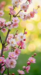 Fototapeta premium Spring Cherry Blossoms Against Soft Bokeh Background in Sunlit Garden