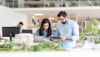 Two professionals collaborating in a modern office with greenery and technology
