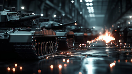 A row of partially assembled tanks in a dimly lit factory, with sparks flying from welding as workers reinforce thick steel armor.