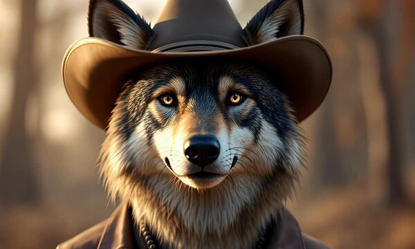 Anthropomorphic Wolf In Cowboy Hat Golden Autumn Forest Portrait (Closeup)   Wildlife Portrait Of Wolf Character With Cowboy Costume in Forest During Autumn Season With Warm Golden Lighting, Detailed