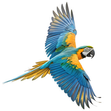 Blue-Gold Macaw in Flight on transparent background