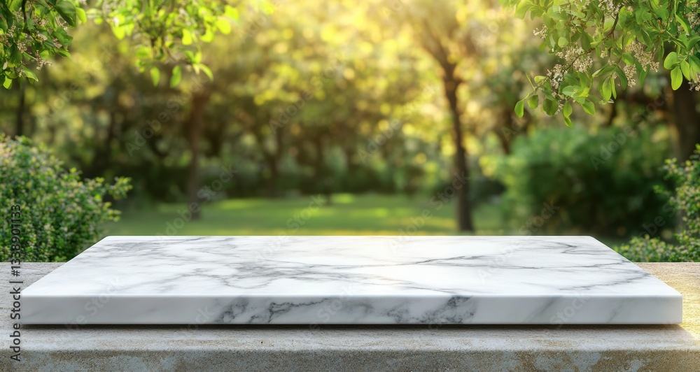 Aufkleber Empty marble table displaying products with blurred green spring nature background