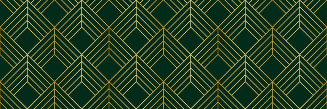 Emerald green and gradient gold art deco seamless vector repeat pattern banner design, elegant dark horizontal background design
