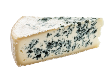 Delicious blue cheese wedge on a white background showcasing texture and color variations