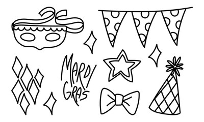 set of festive elements using a mask, flags, confetti, a butterfly, a hat. Mardi Gras. Decorations for parties, holidays, advertisements and products related to various celebrations and special events