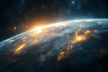 Celestial City Lights: A breathtaking view of Earth from space at night, showcasing shimmering city lights and a sunrise, creating a sense of wonder and the vastness of the cosmos.