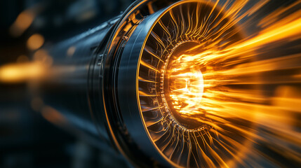 Extreme close-up of a jet engine's internal flame ring, pulsating with kinetic energy as it propels the aircraft forward.
