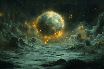 Celestial Storm: A mesmerizing celestial landscape where a luminous orb dominates, shrouded by swirling cosmic clouds and starlight, creating a sense of wonder and the vastness of the universe.