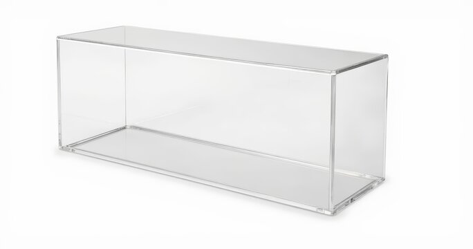Stylish clear acrylic box on white background, modern decor solution
