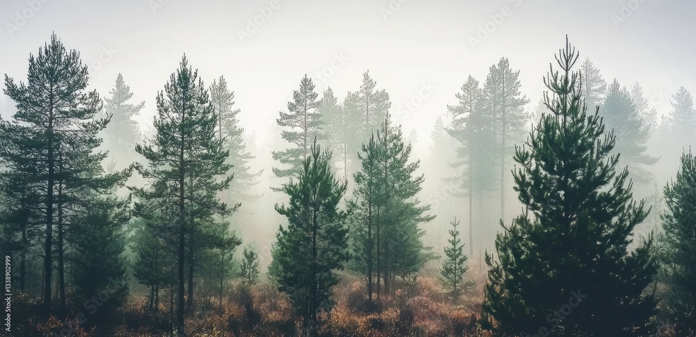Poster fog entering coniferous forest on cloudy day