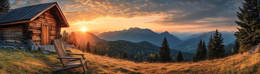 Fototapeta premium A quiet mountain cabin with a single chair facing the sunrise