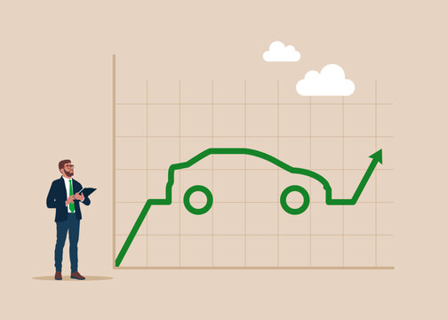 Rising car sales. Transport investment, price auto. Decrease home loan interest rates on car, investments. Automotive market is up. Flat vector illustration