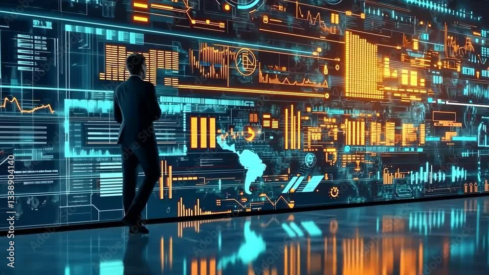Poster In a modern office, a professional stands confidently before a hightech data visualization wall, showcasing intricate metrics and analytics that highlight the synergy between technology and business