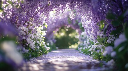 Wisteria Tunnel: A mesmerizing tunnel of cascading wisteria blooms creates a captivating path, offering a serene escape. The scene exudes a fairy-tale ambiance.