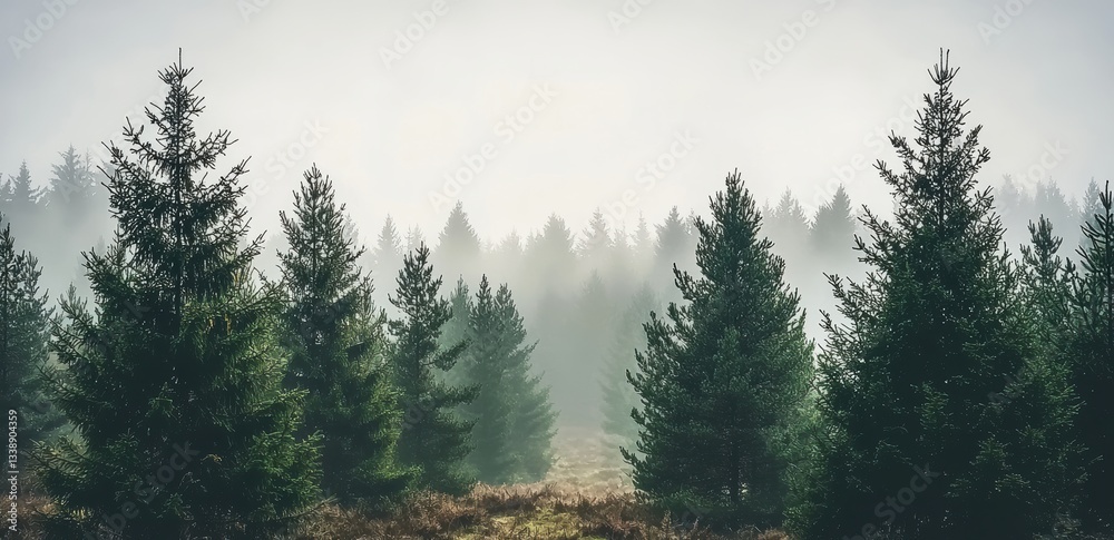 Poster evergreen pine trees emerging from fog in a misty forest landscape