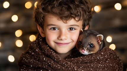 Smiling child is cuddling a sable indoors wrapped in a cozy brown patterned blanket with blurred bokeh lights adding a warm, festive atmosphere behind