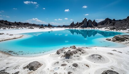 Turquoise Lake with White Shore and Rock Formations