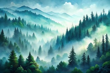 Fototapeta premium Misty Mountain Watercolor Landscape, Foggy Forest, Soft Green Blue Hues