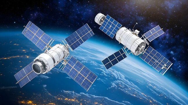Futuristic deep space energy collection satellites in orbit powering a global wireless transmission network showcasing advanced solar panel technology and cyberpunk inspired sci fi realism