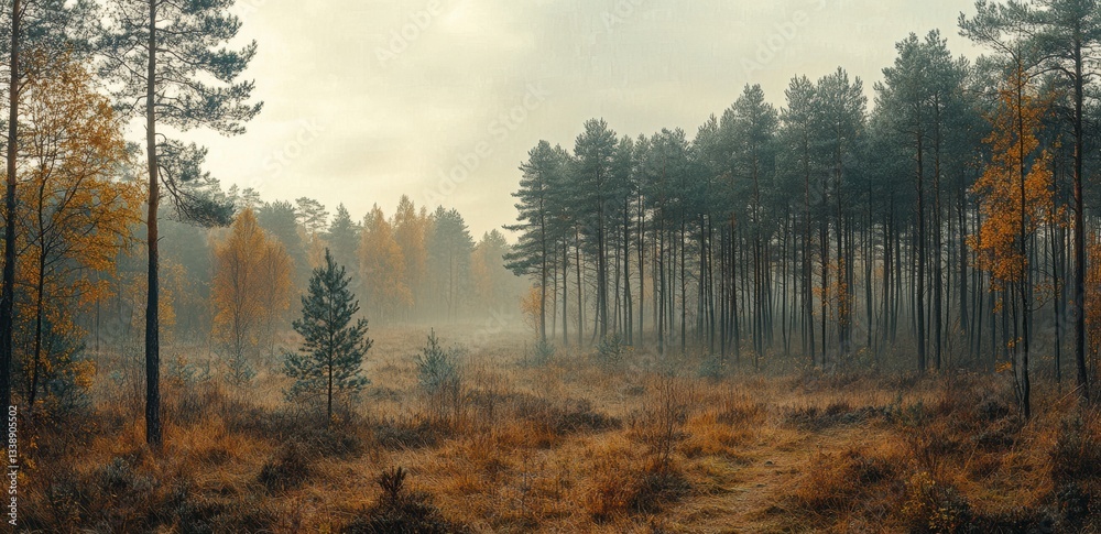 Poster fog arising in a forest clearing with autumnal trees and tall pines