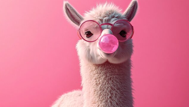 A whimsical llama wearing pink sunglasses blows bubblegum, perfect for playful branding, social media, or quirky event invitations. Ideal for animal lovers and fun campaigns.