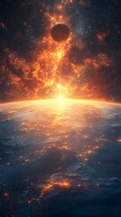Fototapeta premium Celestial Spectacle: A mesmerizing view of a distant planet, possibly earth, beneath a breathtaking scene of an exploding star or nebula, against the backdrop of a vibrant cosmos.