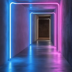 Fototapeta premium Neon-lit corridor, futuristic interior, glowing walls, background door, modern design