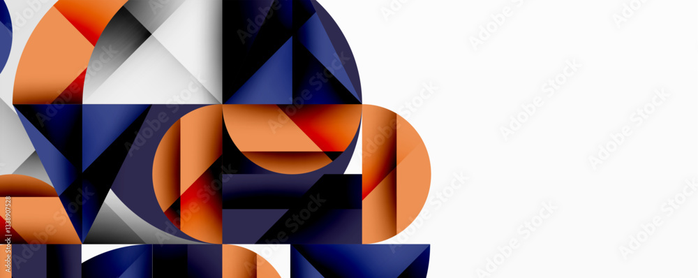Poster Abstract geometric design with intersecting circles, triangles, squares and sharp angles creating a layered composition with gradients, depth, and contrast
