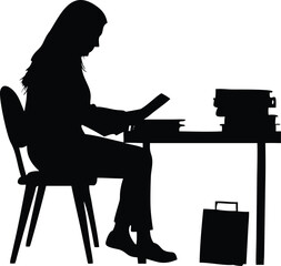 A silhouette of the Girl is sitting at a reading table and studying with a white background