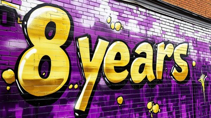 A bold graffiti-style mural with the text 8 years in bright yellow against a purple brick wall. The street art design conveys urban energy, celebration, and artistic expression