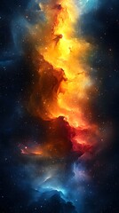 Fototapeta premium Celestial Inferno: A mesmerizing digital artwork showcases a vibrant nebula ablaze with fiery oranges, reds, and blues, capturing the raw power and infinite beauty of the cosmos.