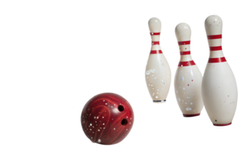 Scattered Bowling Pins with Red Stripes and Black Bowling Ball Isolated for Game.