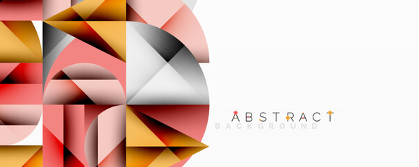 Abstract geometric artwork with overlapping circles and gradients, circle square triangle shapes background featuring sharp angular cuts, smooth shading, and structured layered composition