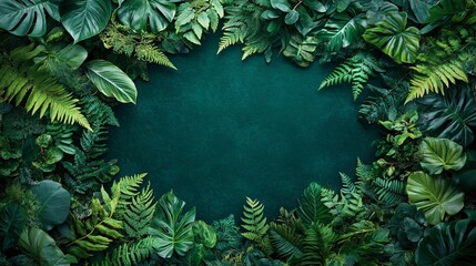 Green tropical leaves frame an empty dark background space