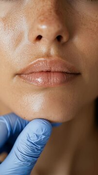 Close-up examination of skincare treatment on a face focusing on lip enhancement and skin texture analysis in a modern clinic. Ideal for Social Media, Stories, Advertising
