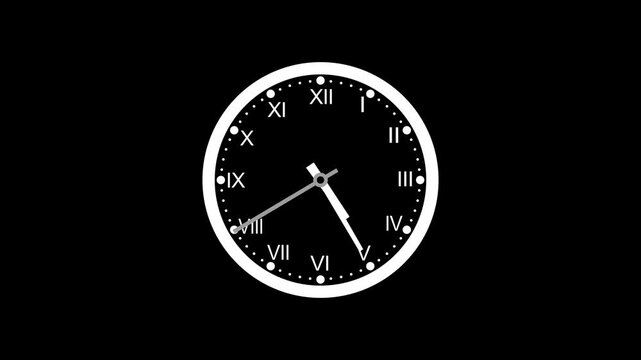 Counting down simple minimalist clock isolated, A analog clock with Roman numerals animation on a black background