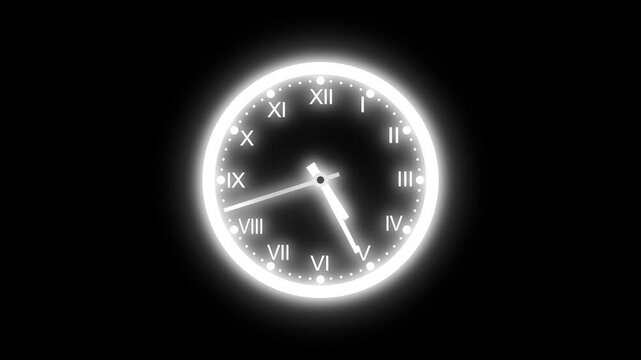 Counting down simple minimalist clock isolated, A analog clock with Roman numerals animation on a black background