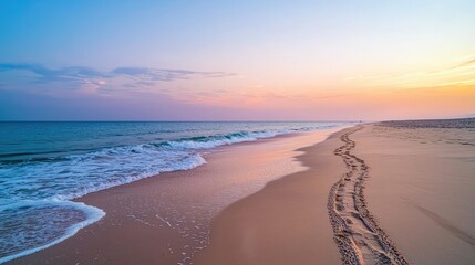Sea turtle conservation landscapes concept. Serene beach scene at sunset with gentle waves and tranquil footprints in the sand.