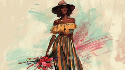 A fashion illustration depicting a Black woman wearing a long, striped skirt with a blouse and hat, holding flowers