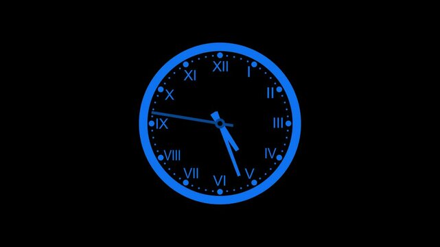 Counting down simple minimalist clock isolated, A analog clock with Roman numerals animation on a black background