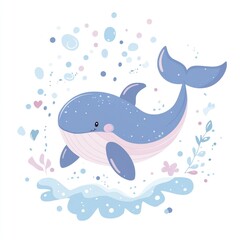 Obraz premium Cute whale jumping in ocean, surrounded by bubbles and flowers. Perfect for kids' decor