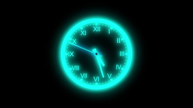 Counting down simple minimalist clock isolated, A analog clock with Roman numerals animation on a black background