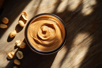Jar full of organic homemade peanut butter close up detail with peanuts around on wooden rustic table background, flat lay.