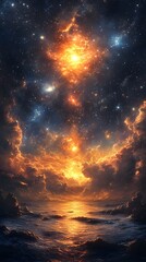 Obraz premium Celestial Majesty: A breathtaking cosmic display of stars, nebulae, and galaxies illuminating the night sky above a serene body of water, creating a scene of wonder and infinite beauty.