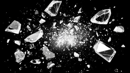 A contemporary realistic illustration set showing shattered glass and fragments. Transparent pieces of broken crystal flying on a dark background