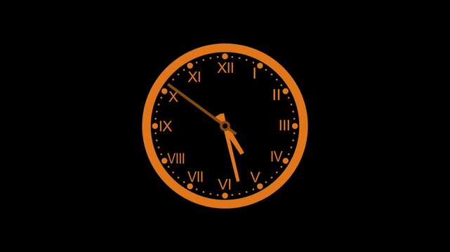 Counting down simple minimalist clock isolated, A analog clock with Roman numerals animation on a black background