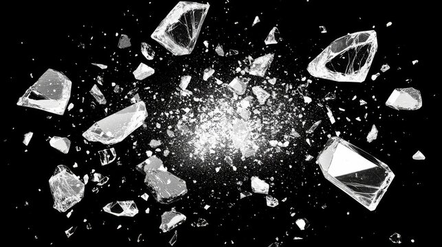 A contemporary realistic illustration set showing shattered glass and fragments. Transparent pieces of broken crystal flying on a dark background