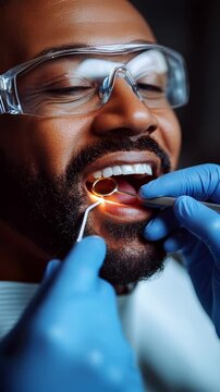Dental checkup highlights professional care in a clinic setting with an attentive dentist performing an examination in the evening hours. Ideal for Social Media, Stories, Advertising