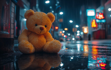 Discarded Teddybear in Neon Lit Puddle on a Rainy Night  
